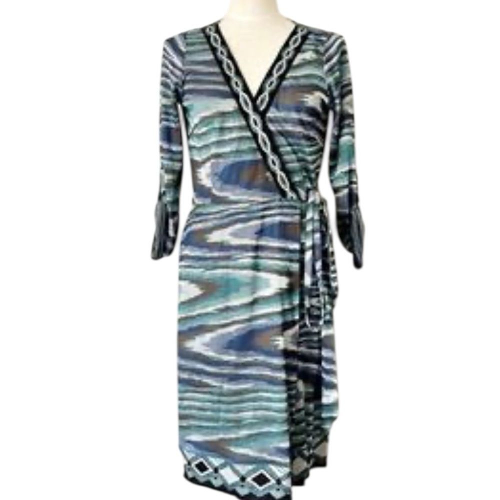 Hale Bob Teal and Navy Long Sleeve wrap Dress size small